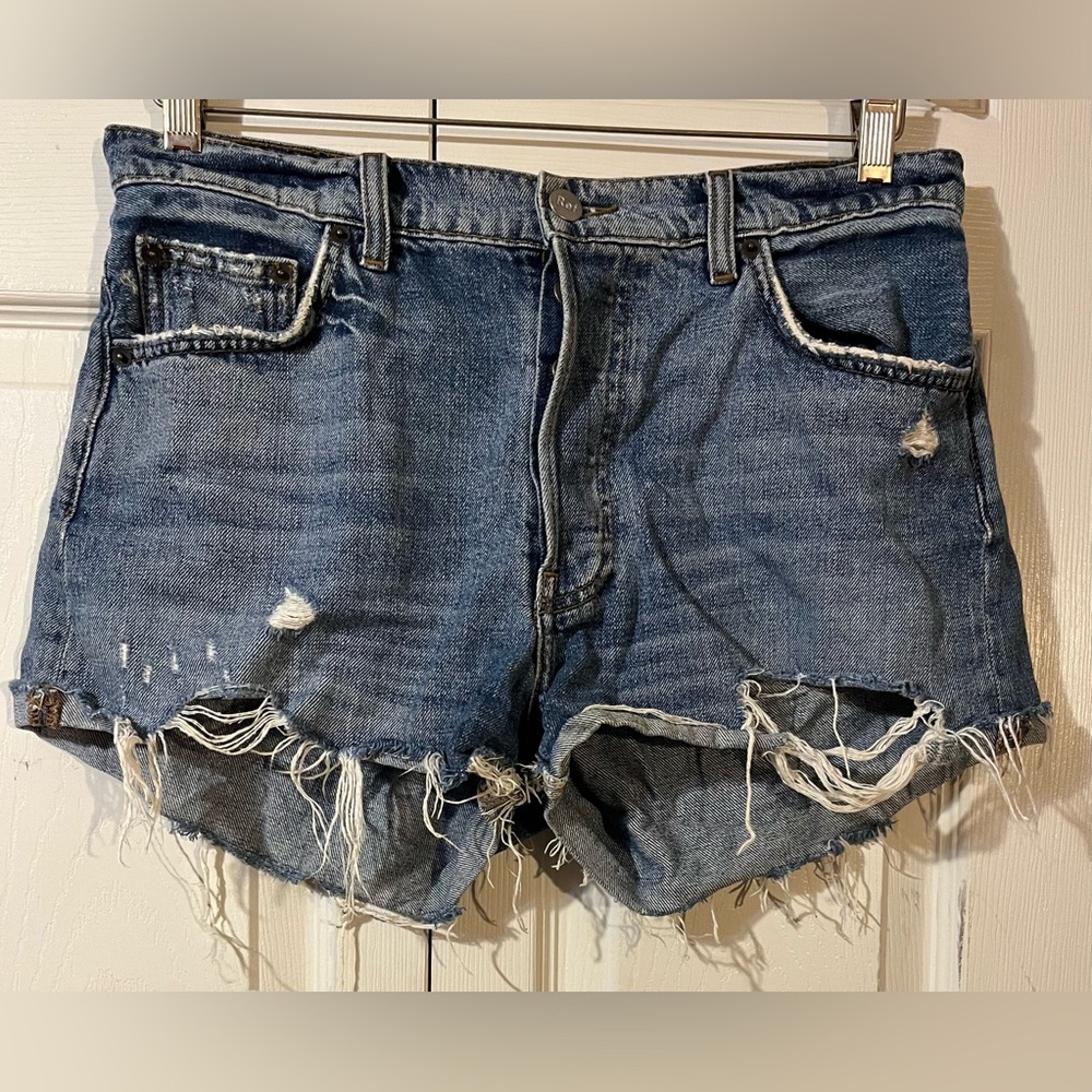 Reformation High Rise Distressed Button Fly Denim Shorts Women (27) Made In USA